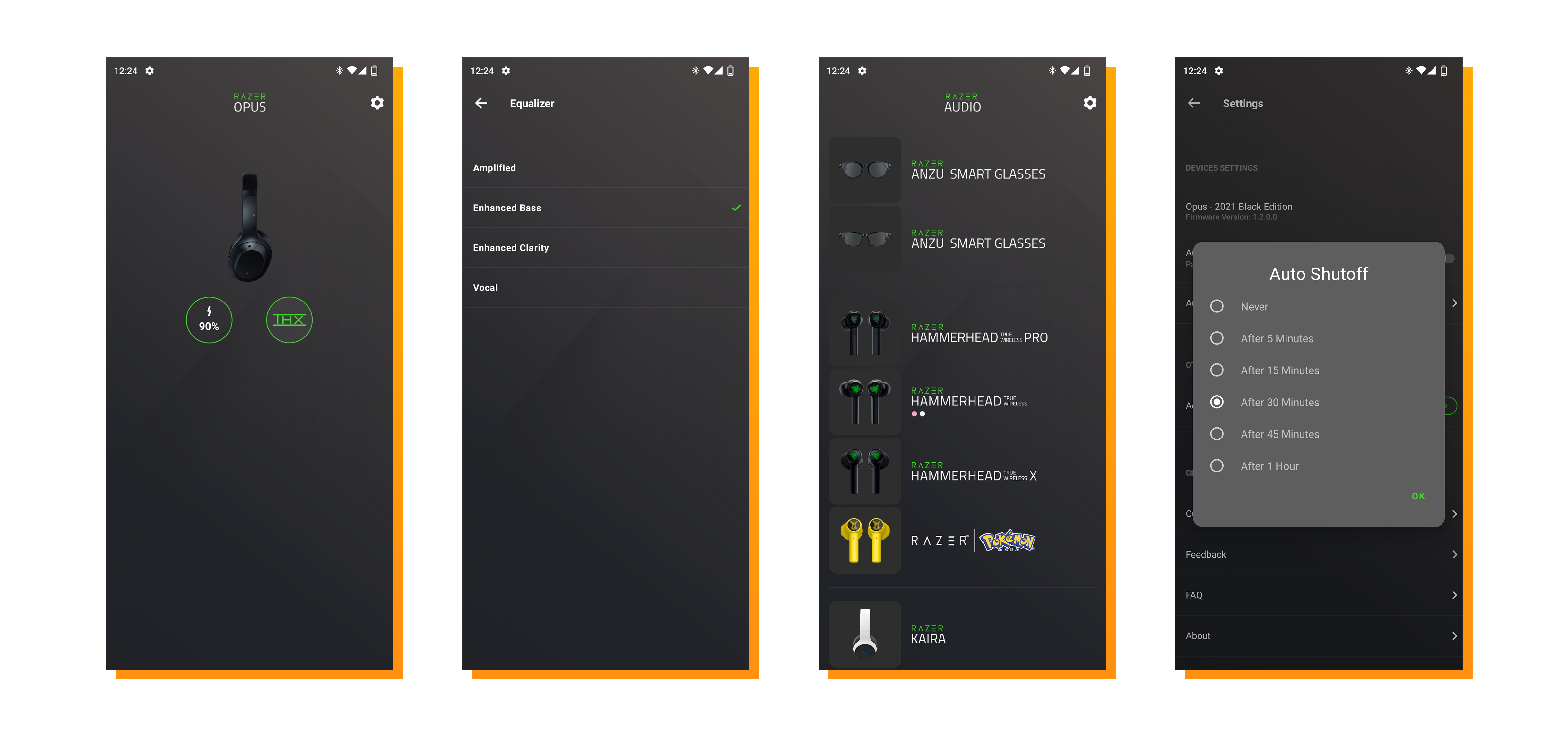 Vier screenshots van de Razer Audio-applicatie.
