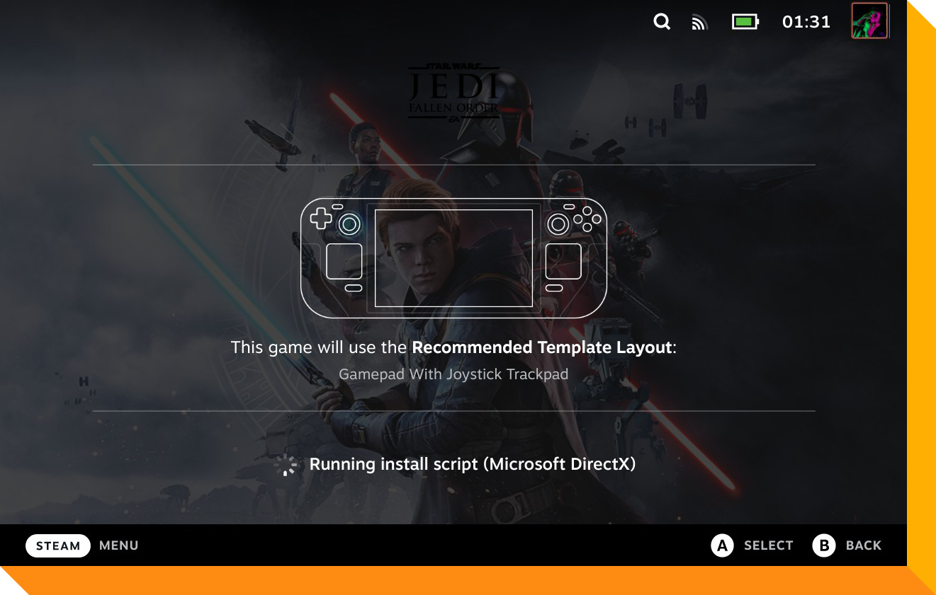 Screenshot waarin Star Wars: Jedi Fallen Order voor het eerst wordt opgestart op de Steam Deck.
