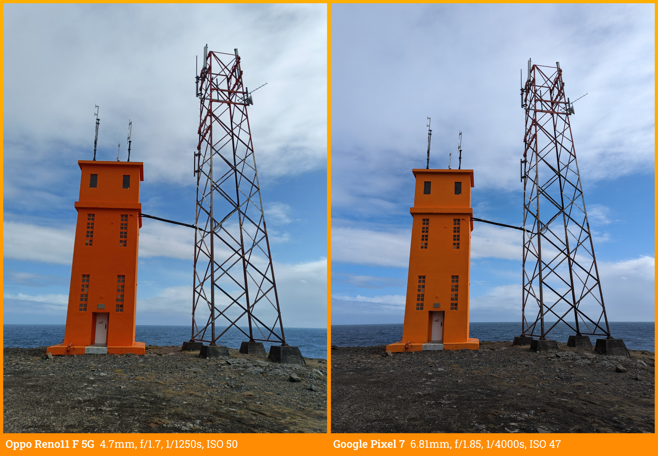 Zij-aan-zij-vergelijking van dezelfde foto op respectievelijk de Oppo Reno11 F 5G, met daarnaast het resultaat van een Google Pixel 7. Op de foto staat een feloranje vuurtoren in IJsland.