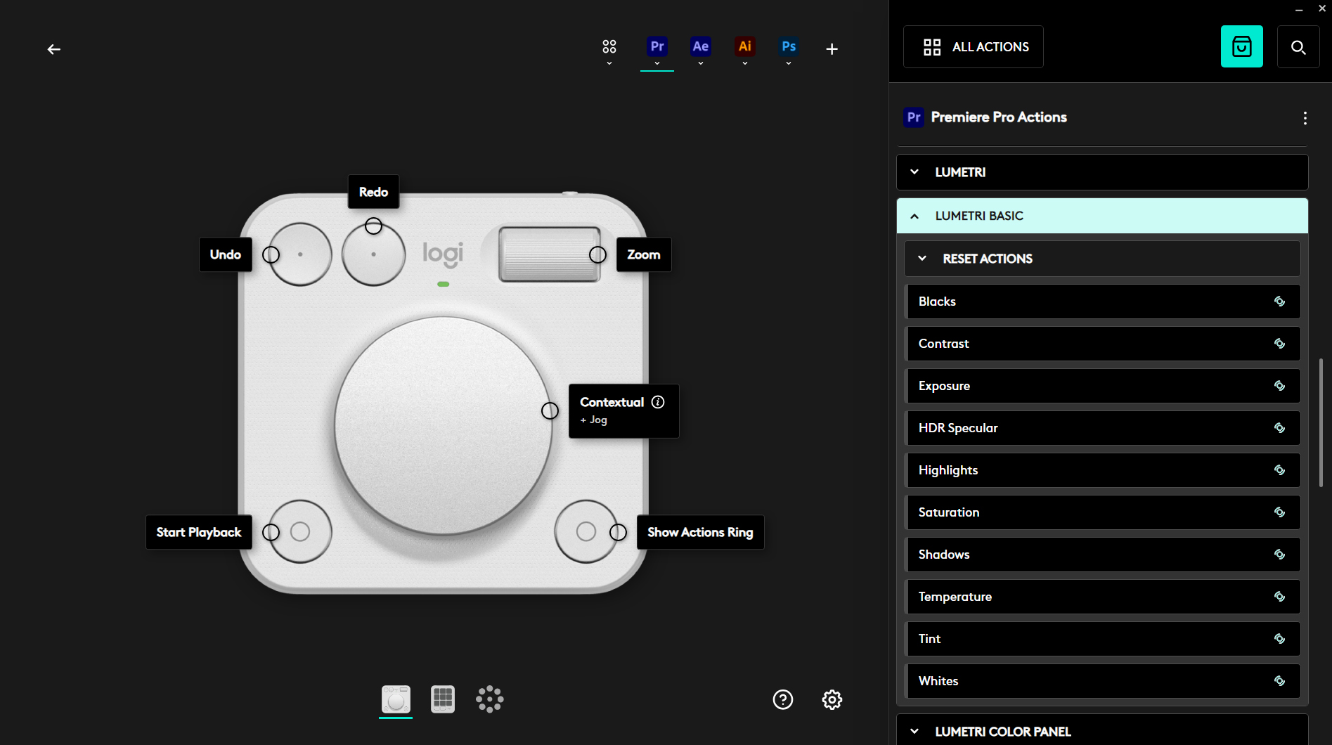 Screenshot van Logi Options+ tijdens het instellen van de Dialpad.