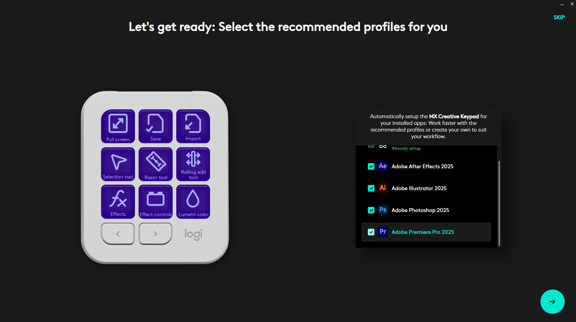 Screenshot van de introductie in Logi Options+, met daarin een voorbeeld voor het gebruik met de Keypad in Adobe Premiere Pro.