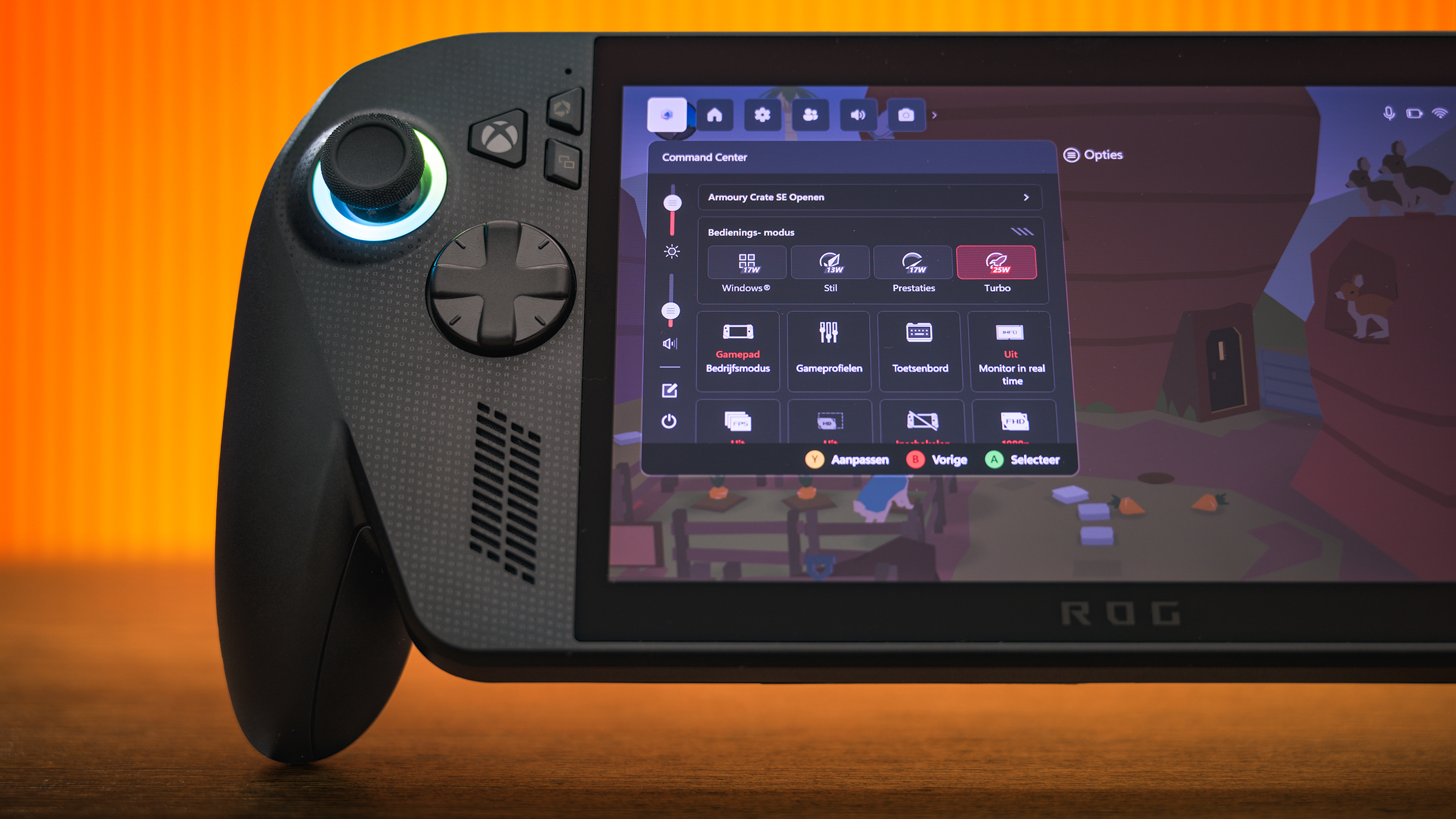 Het Command Center van ASUS Armoury Crate in de Game Bar op een zwarte ROG Xbox Ally. 