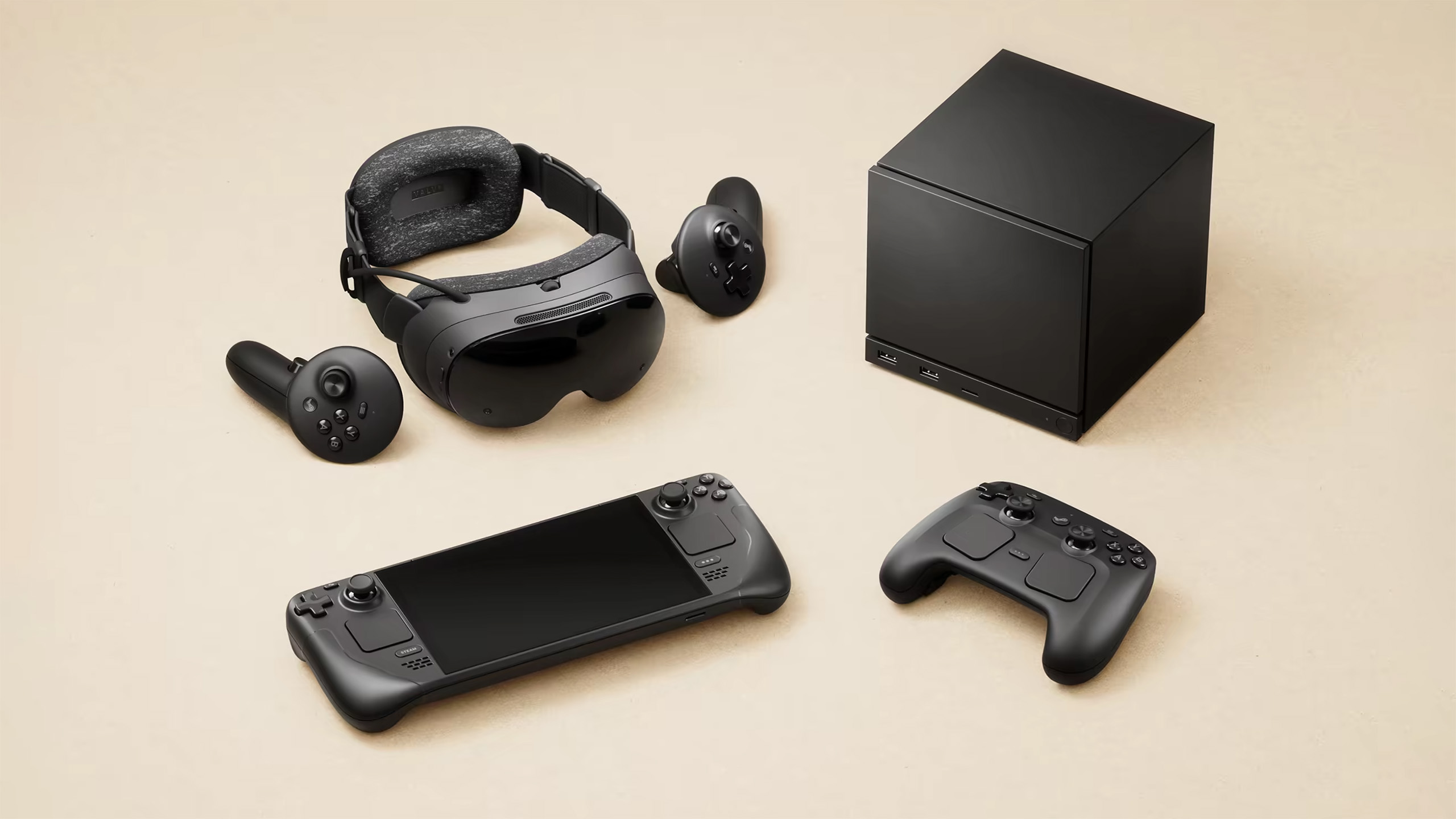 Officiële productfoto van de Steam Hardware-familie, met daarop de Steam Frame, Steam Deck en de nieuwe Steam Machine en Steam Controller.