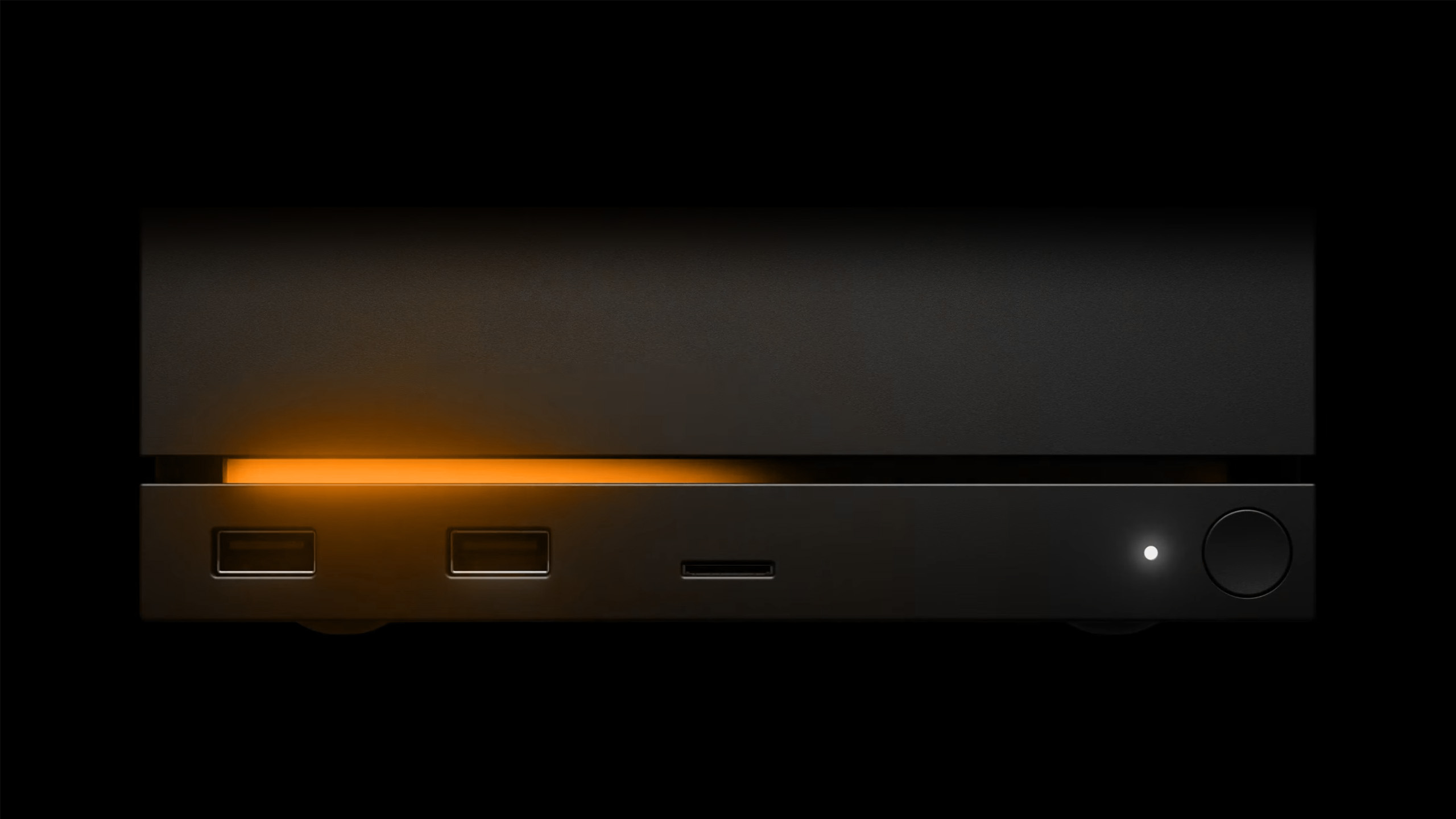 Close-up van de lichtbalk op de Steam Machine, hier in een geeloranje tint. 