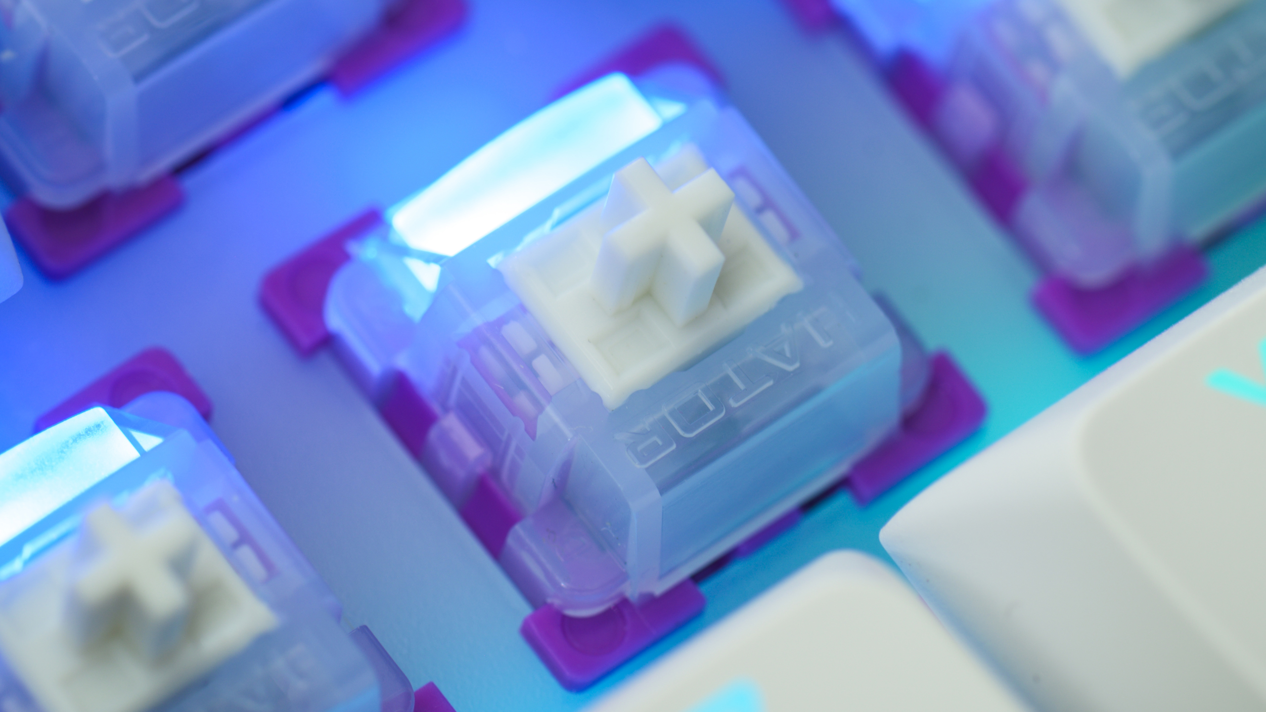 Close-up van de Aurum Ice-schakelaar van Hator, hier in een Skyfall 80 MAG-toetsenbord. De schakelaar licht felblauw op.