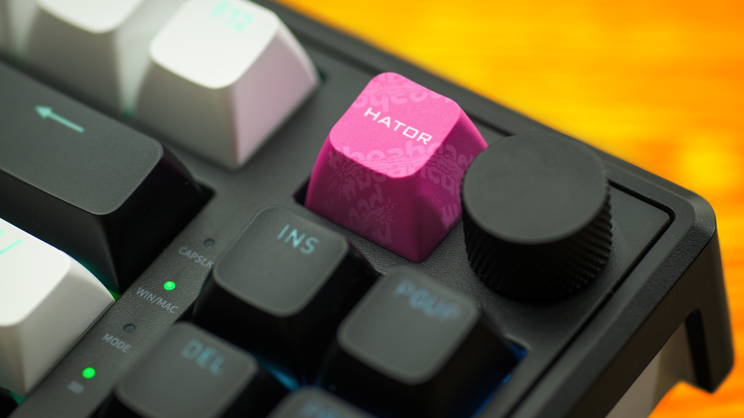 Close-up van de speciale Hator-knop op een draadloos Skyfall 80-toetsenbord van het merk.